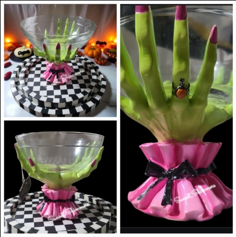 Glam Witch Hands Coquette Bow Halloween Candy Serving Bowl PINK GREEN NEW